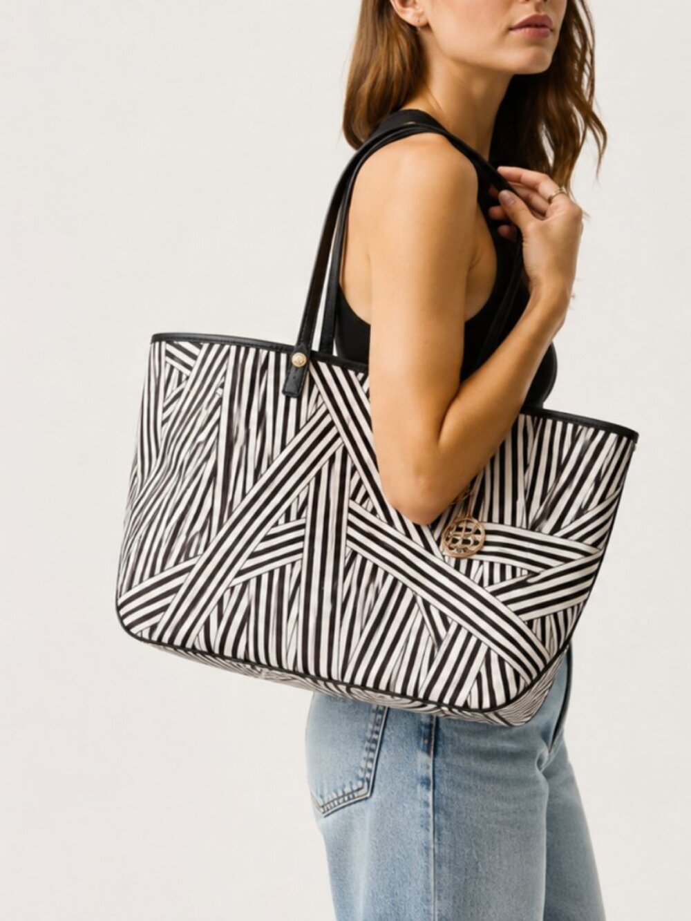 Henri Bendel Disturbed Stripe Coated Canvas Tote Bag in Brown